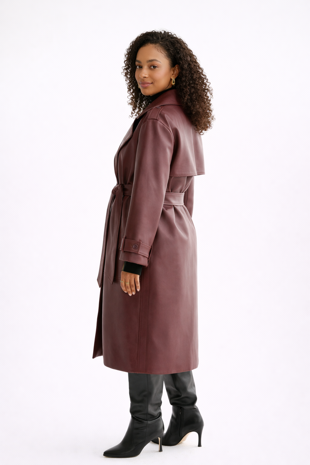 Lange Faux Leren Damesmantel – Bordeaux