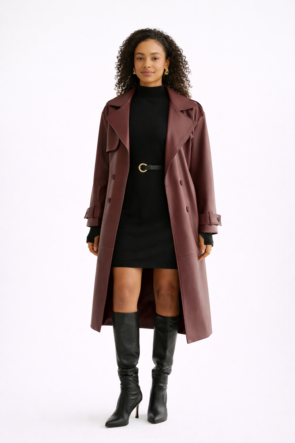 Lange Faux Leren Damesmantel – Bordeaux